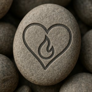 engraved stone with heart and flame symbol on natural pebbles