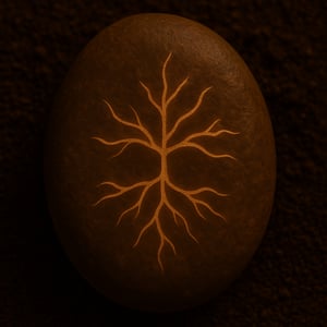 Engraved vertical line stone resting on light sand, symbolising a first emergence from the ground.