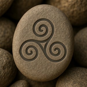 engraved stone with triple spiral symbol on natural pebbles