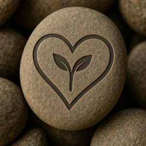 engraved stone with heart and sprouting leaf symbol on natural pebbles