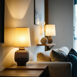 close up of home lighitng such as lamps or lit up living room make it simple and minimalistic make the background a neutral colour i want less warmth to the photo