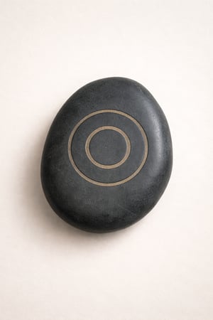 Dark stone engraved with concentric circles, symbolising stillness and center.