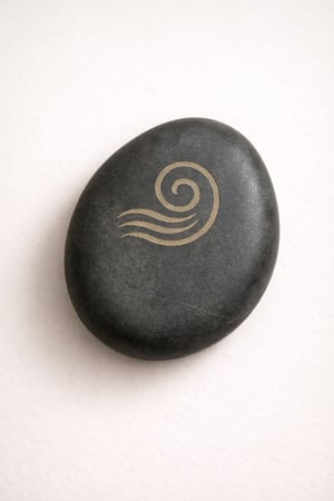 Dark stone engraved with a spiral and flowing lines, symbolising movement and breath.