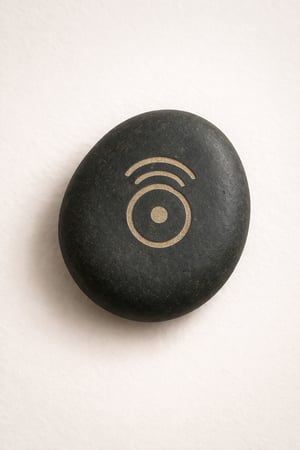 Dark stone engraved with a central circle and radiating lines, symbolising resonance and transmission