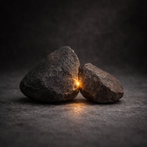 Two rough stones touching with a small amber glow between them, symbolising the Fire of Connection in the Aerion Ode series