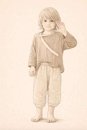Sepia line drawing of a young child standing barefoot and raising a hand, on a textured parchment background