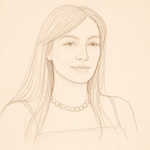 Sepia pencil portrait of a woman with long hair, facing slightly left, calm expression on textured parchment background