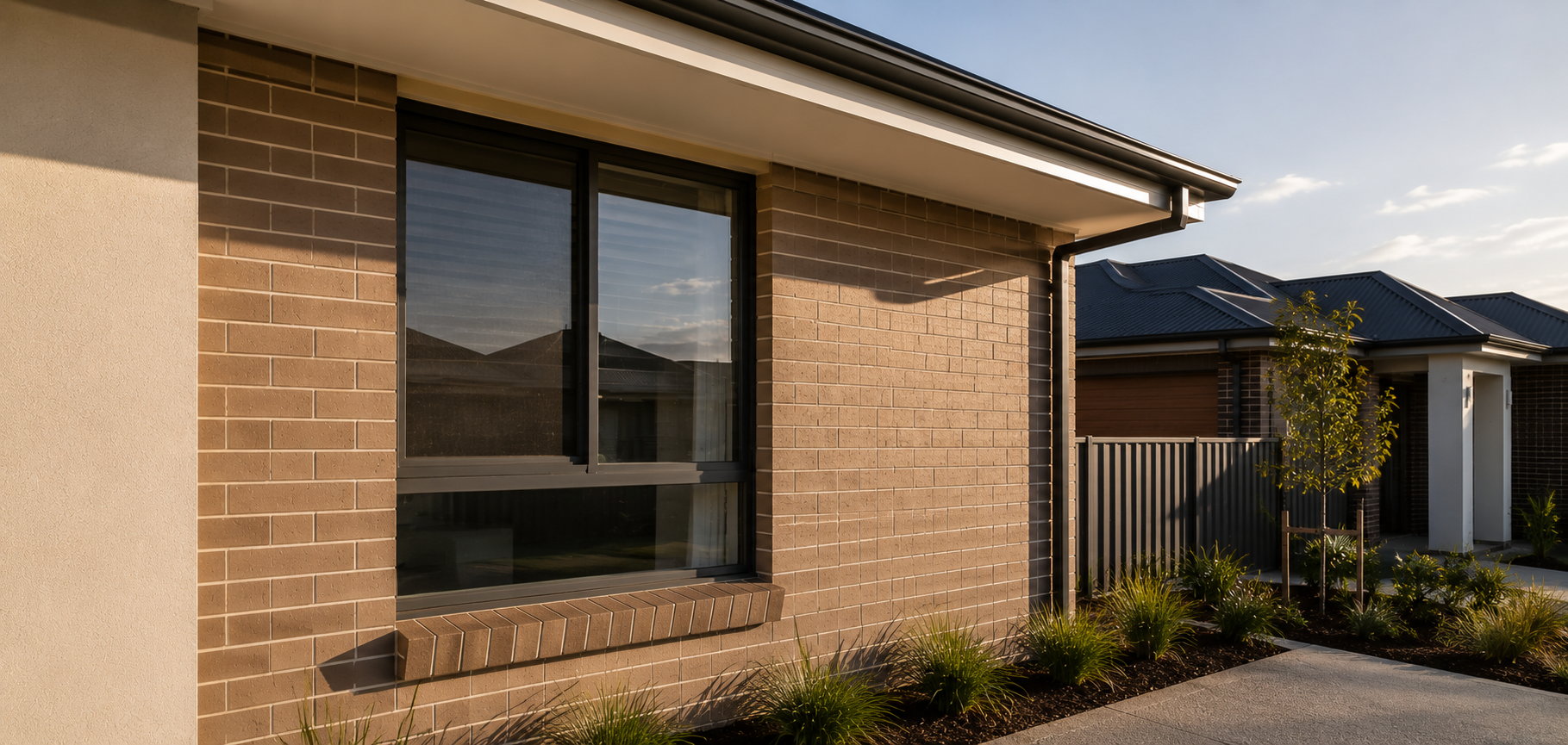 Brick veneer wall with standard aluminium-framed window, simple eaves and practical suburban construction detailing.