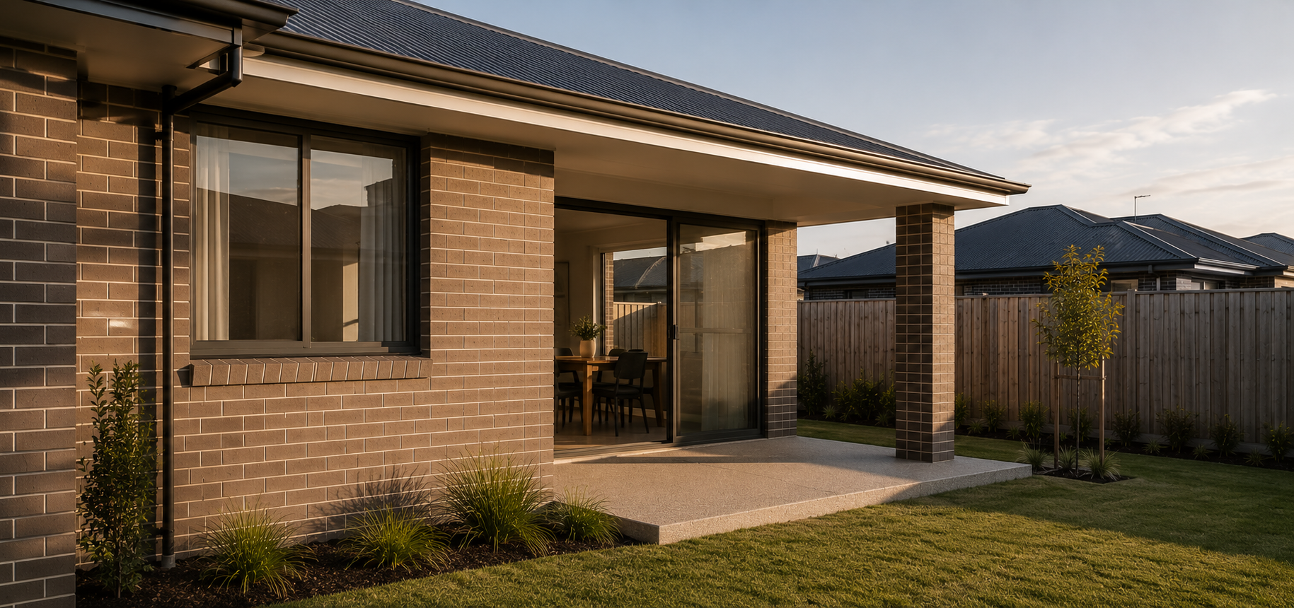 Rear patio of a single-storey brick home with sliding glass door, roof overhang and simple fenced backyard.