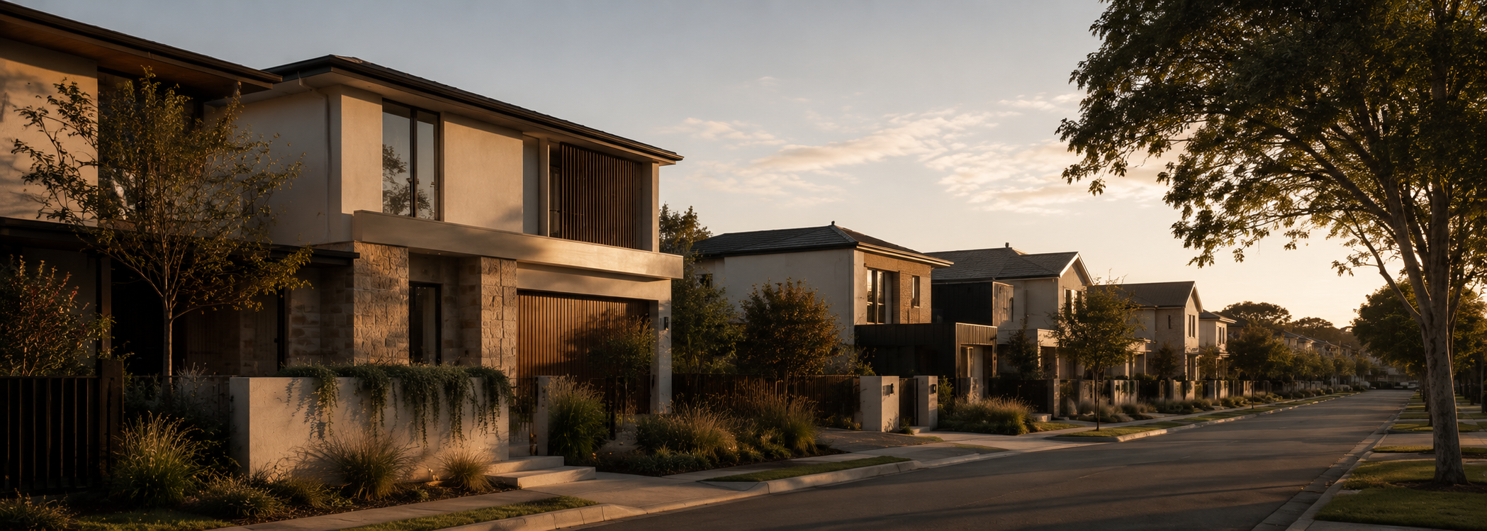 Medium-density Australian housing with calm material restraint, native landscaping and passive comfort cues.