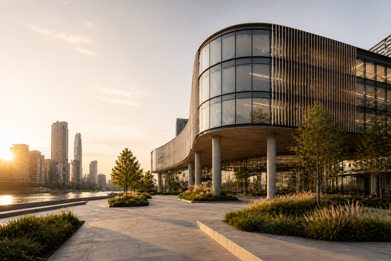 Contemporary commercial building with glazing and passive design at sunset