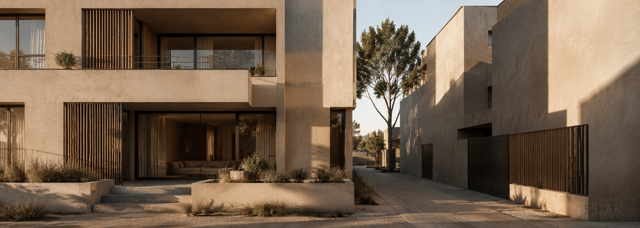 Contemporary Australian townhouse setting with low-angle sunlight, controlled shadows and solar-responsive building form