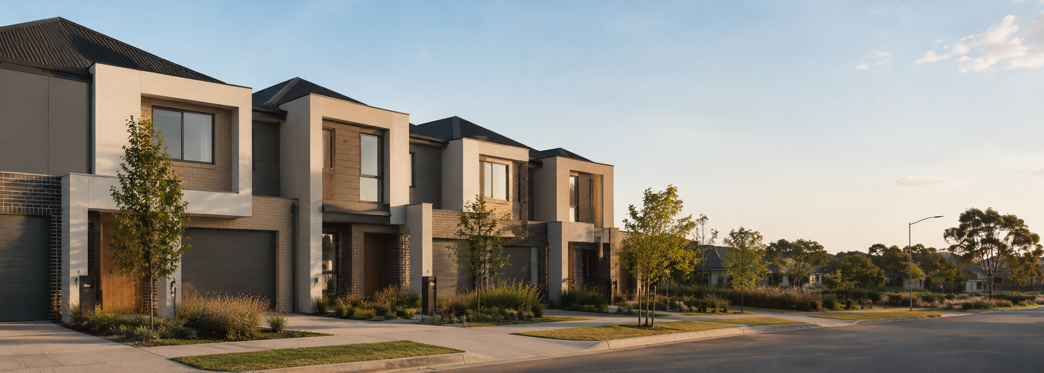 Row of contemporary Australian townhouses with brick and rendered façades, standard glazing and practical suburban streetscape design.