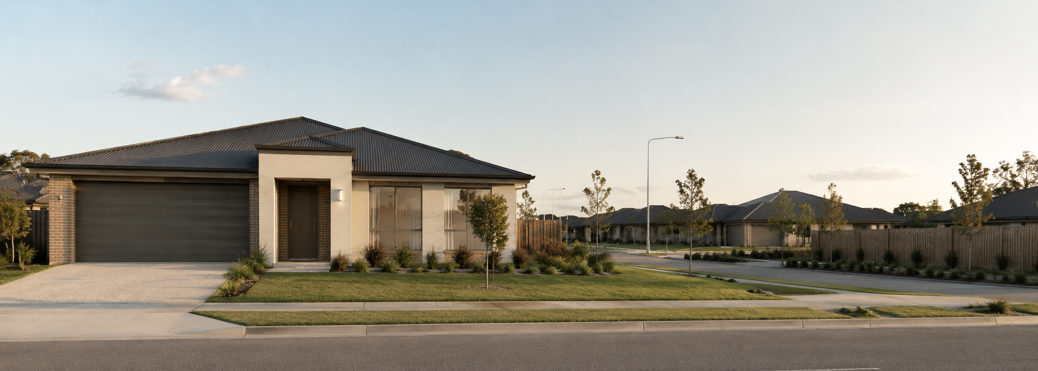 Single-storey project homes in an Australian residential estate with simple roof forms, garages and restrained front gardens.