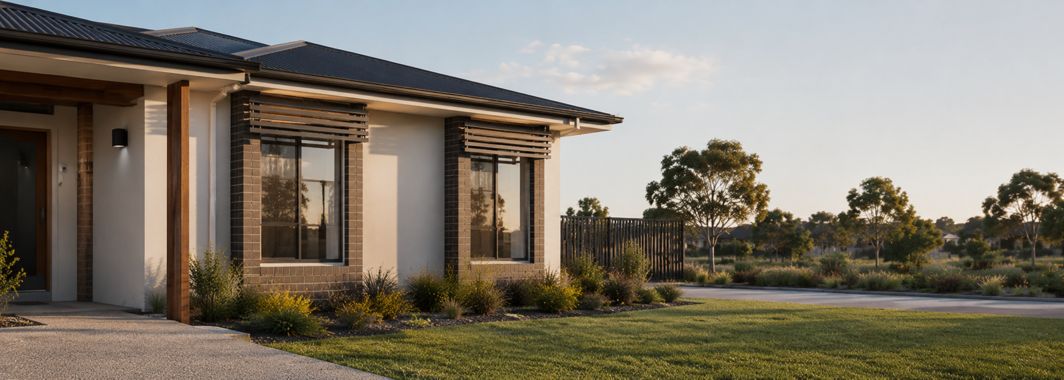 Single-storey project homes in an Australian residential estate with simple roof forms, garages and restrained front gardens.