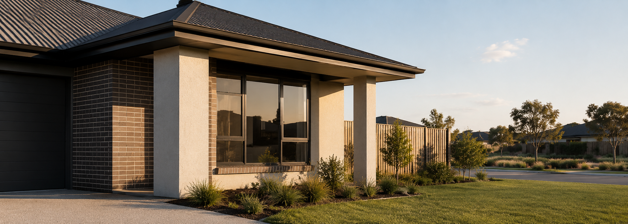 Single-storey project homes in an Australian residential estate with simple roof forms, garages and restrained front gardens.