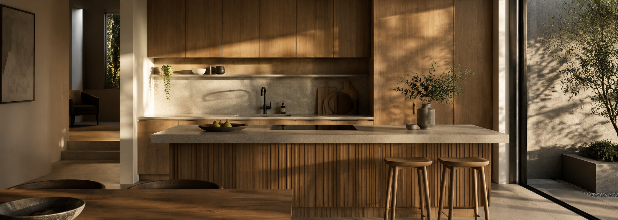 Architect-designed Australian homes with shaded glazing, natural materials and calm residential streetscape at golden hour.