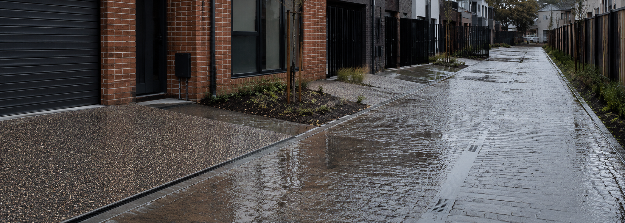 Victorian townhouse parking court with permeable paving after rain