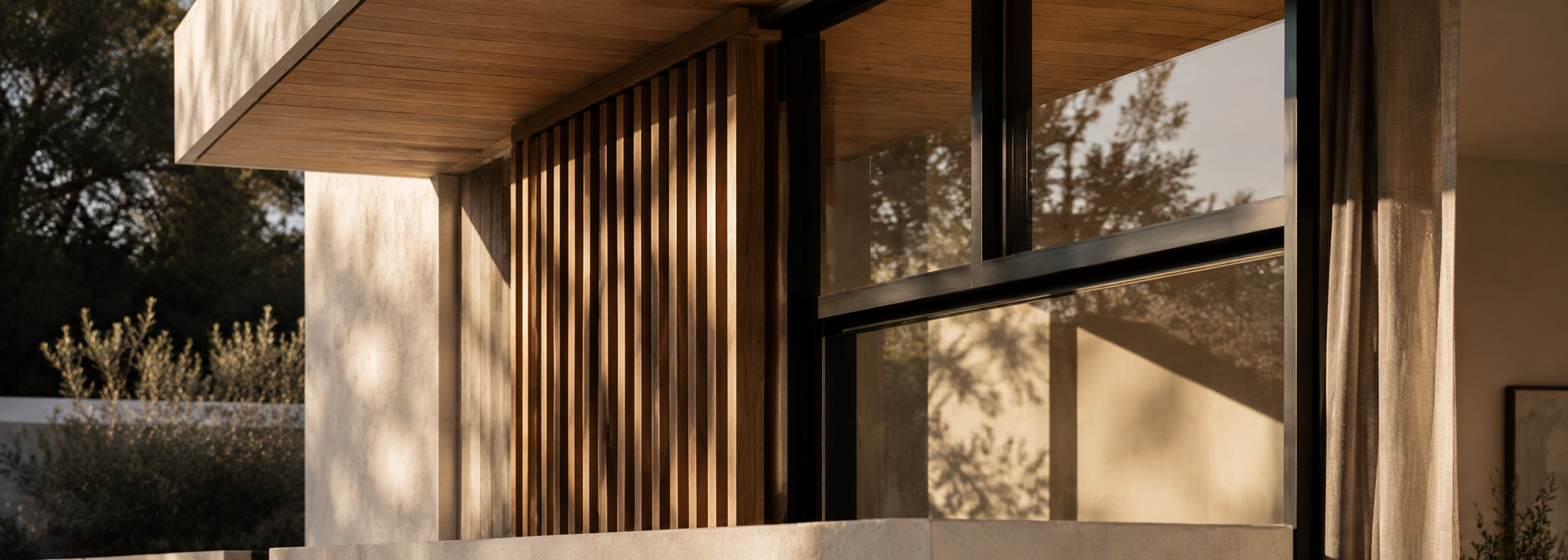 Close-up of timber screening, deep eaves and black framed glazing on a contemporary Australian home.