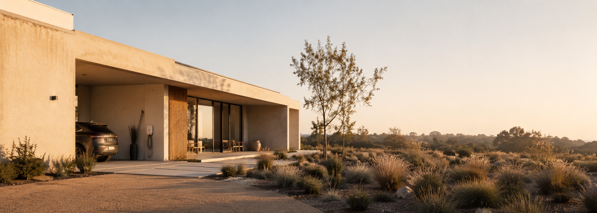 Modern Australian home with discreet electric vehicle charging integrated into a calm architectural carport.