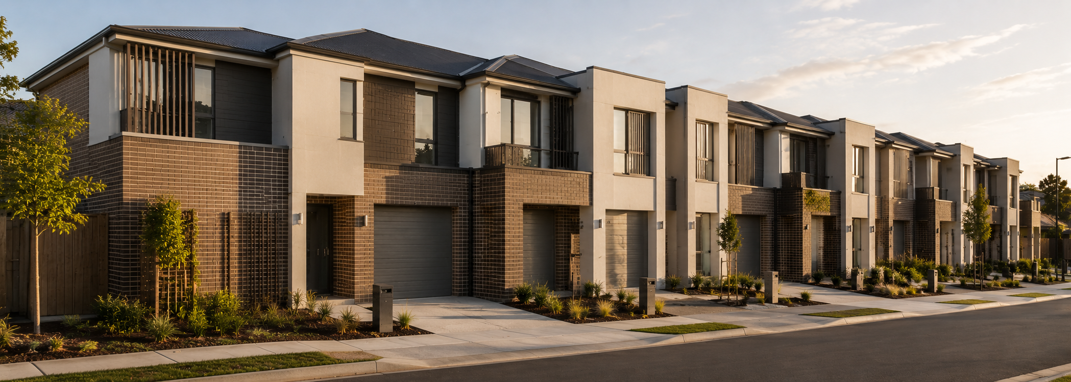 Everyday suburban homes with brick façades, simple front yards and standard low-rise residential construction.