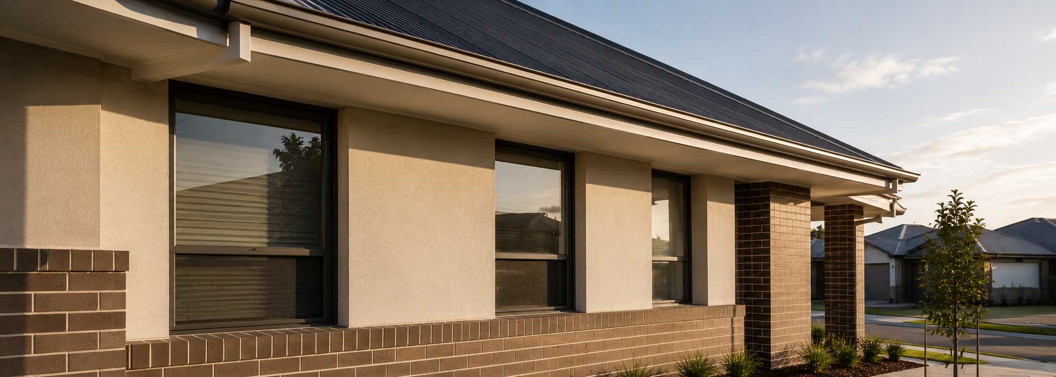 Close view of a practical suburban home façade with brick veneer, standard window, rendered entry and garage.