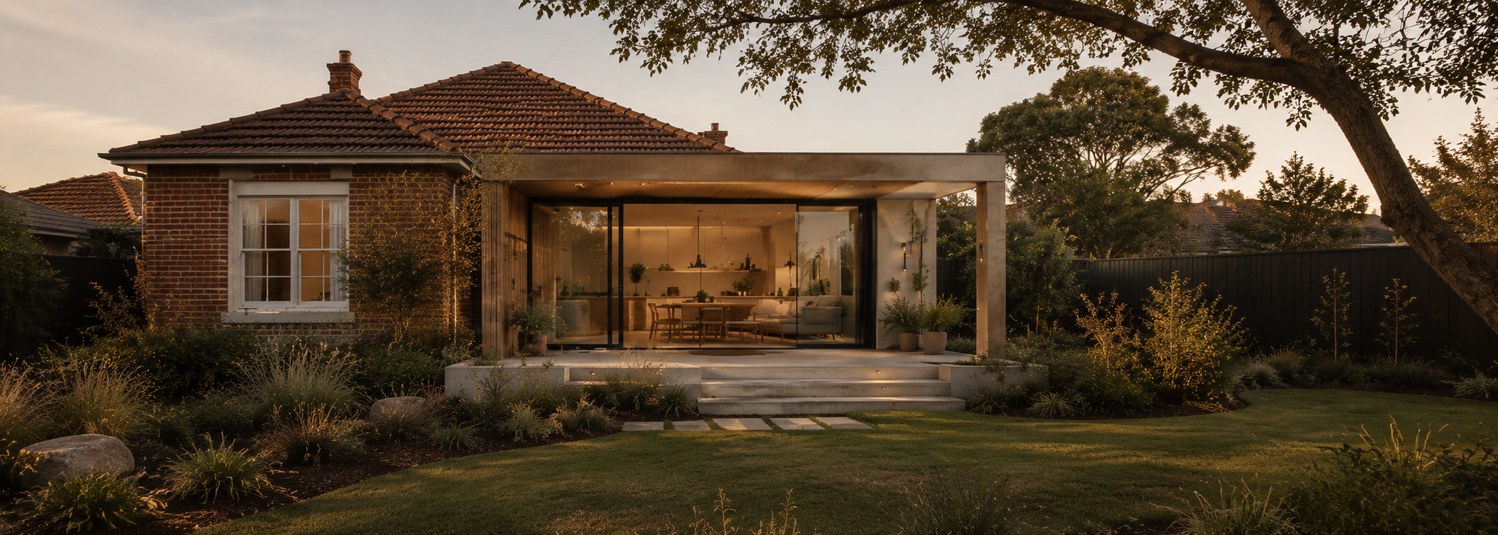 Existing suburban home upgraded with modern glazing, timber cladding and climate-responsive living spaces.