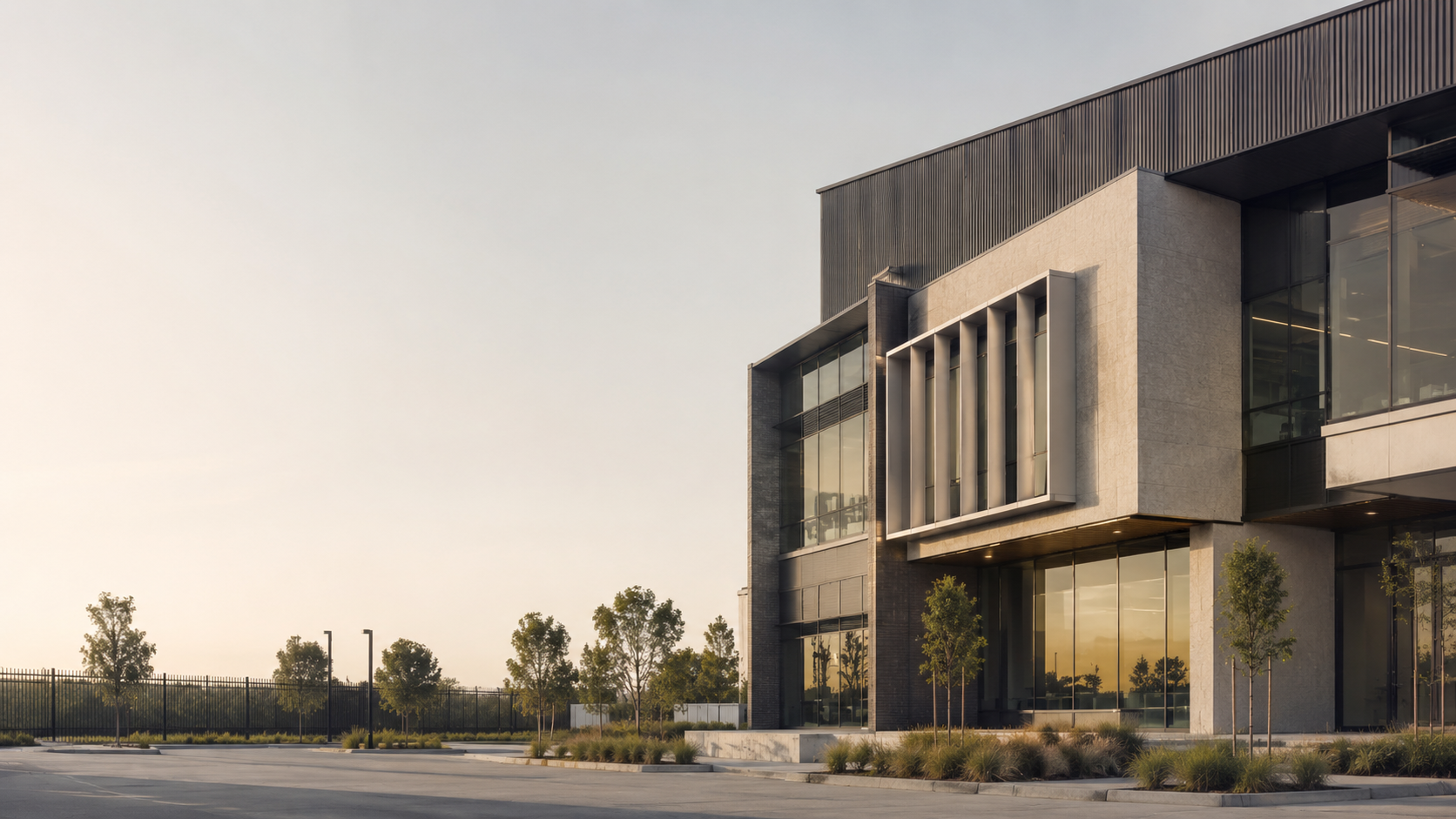 Commercial building with balanced glazing ratio and passive solar control