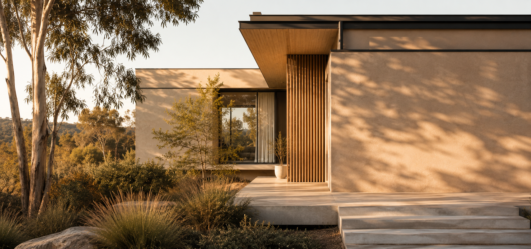 Contemporary Australian home with deep eaves, timber screening and shaded glazing for passive solar control.