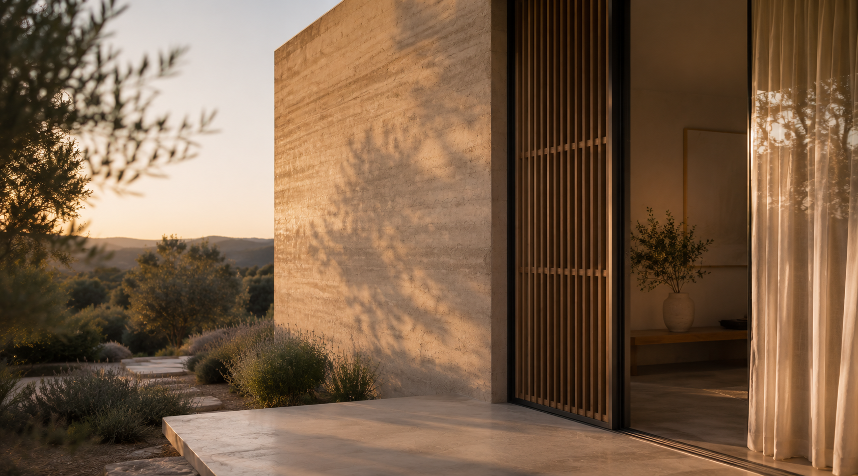Contemporary residential exterior with timber screening, solid thermal mass walls and shaded openings.