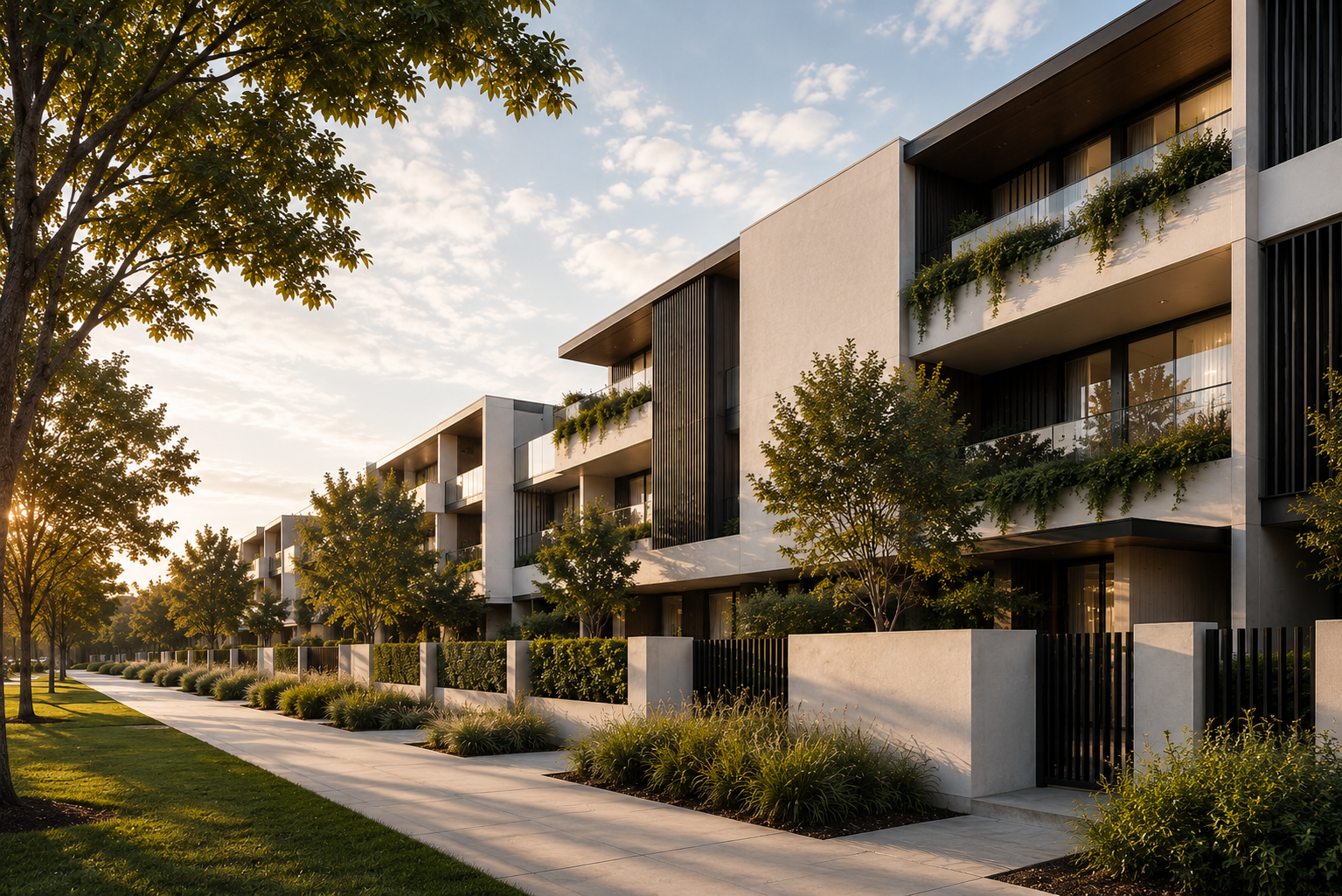 Modern residential street in golden-hour light VURB