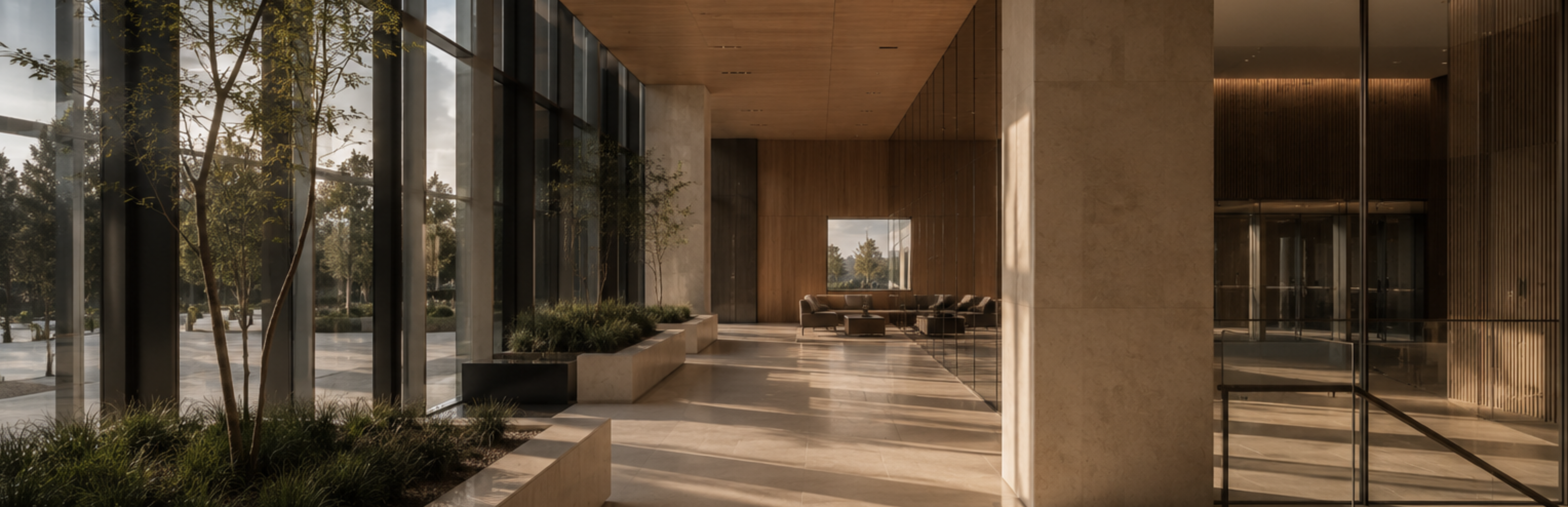 Advanced commercial building with layered shading and high-performance glazing