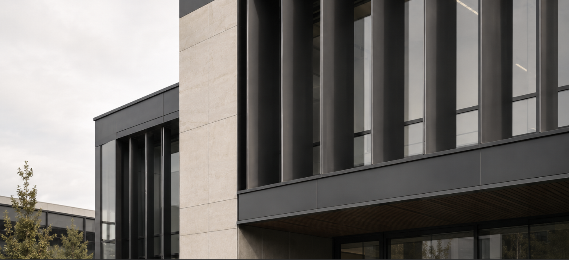 JV3 commercial architecture with vertical fins and controlled glazing