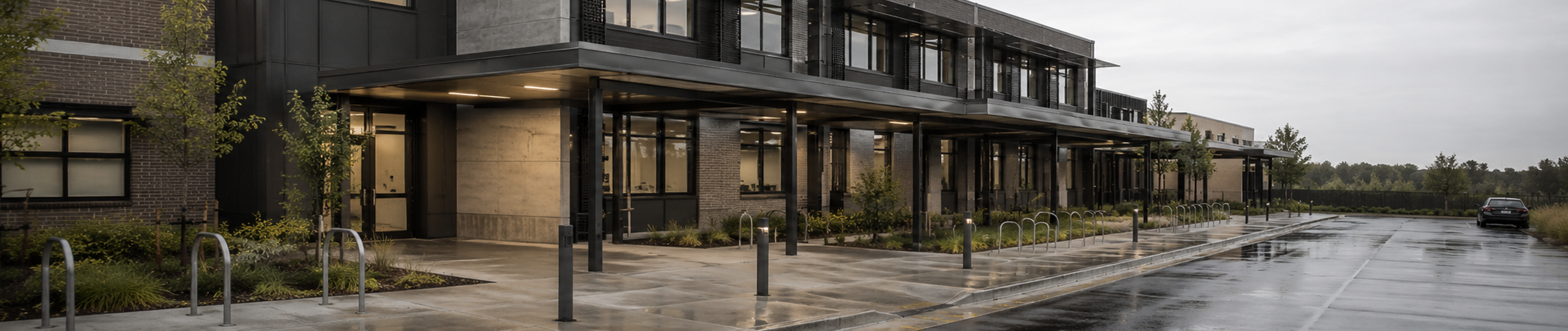 Section J commercial building photographed in overcast light with wet pavement and sheltered walkways