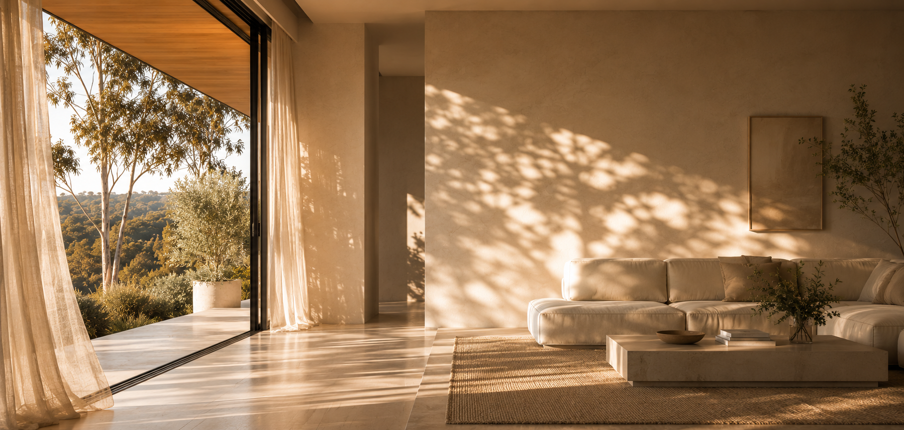 Residential living space with large operable glazing, shaded daylight and natural ventilation connection to the landscape.