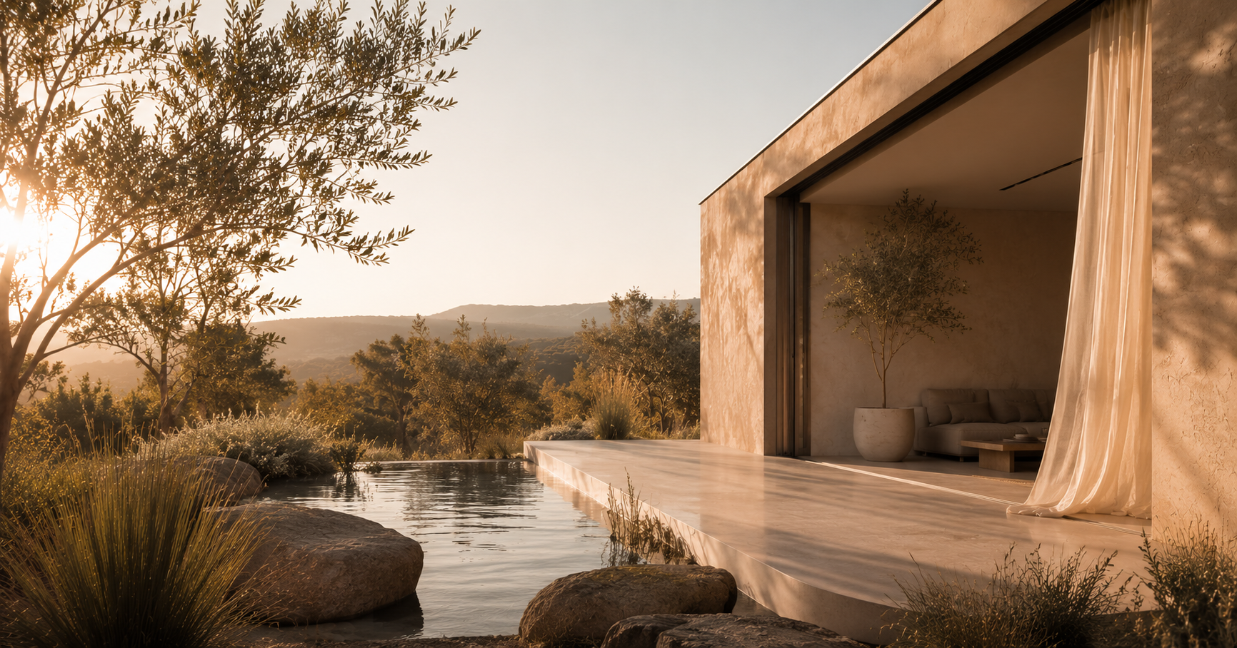 Australian residential terrace with deep recesses, shaded glazing and outdoor living areas supporting passive comfort.