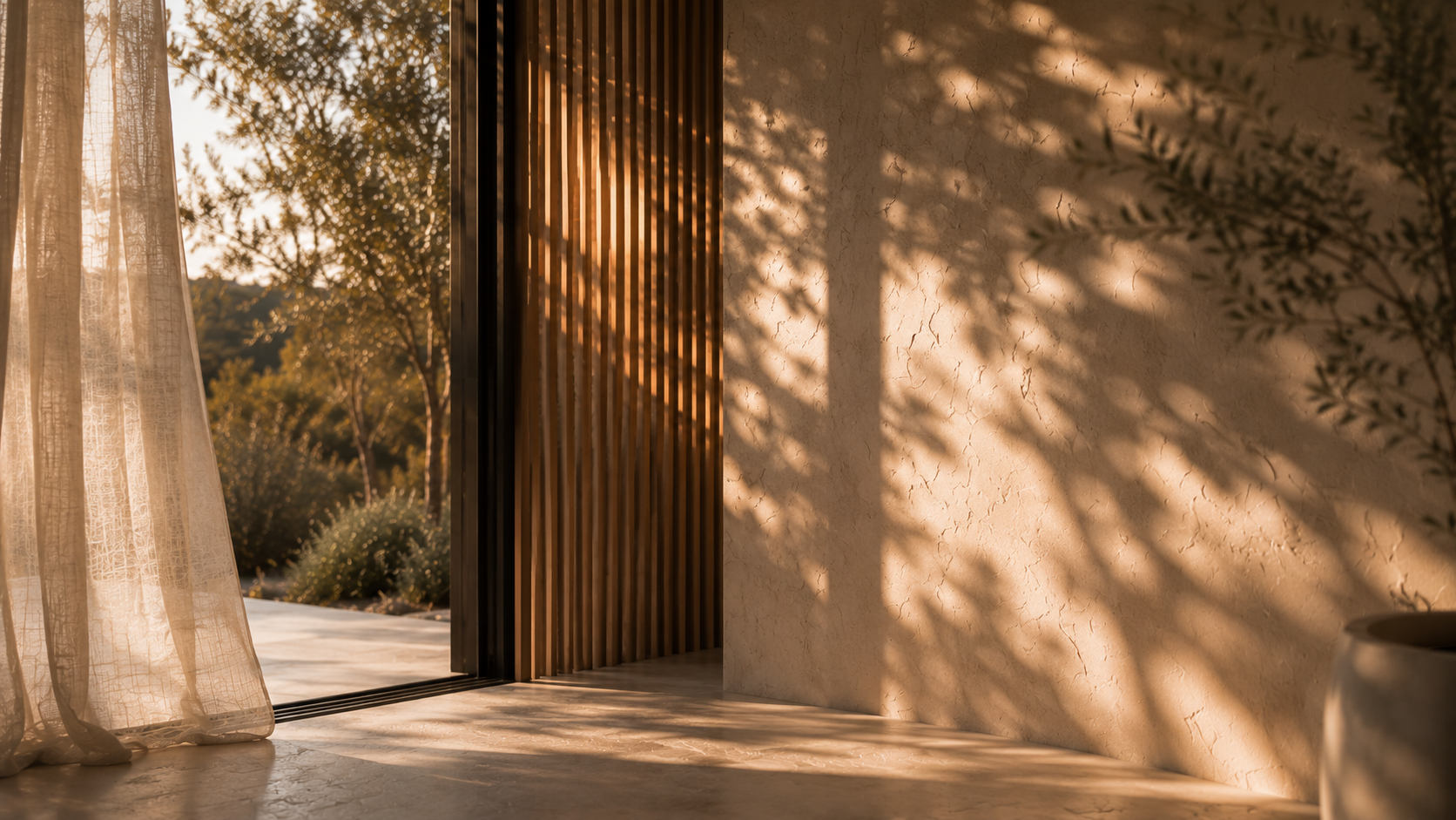 Residential doorway with timber screening, textured wall finish and controlled afternoon sunlight.
