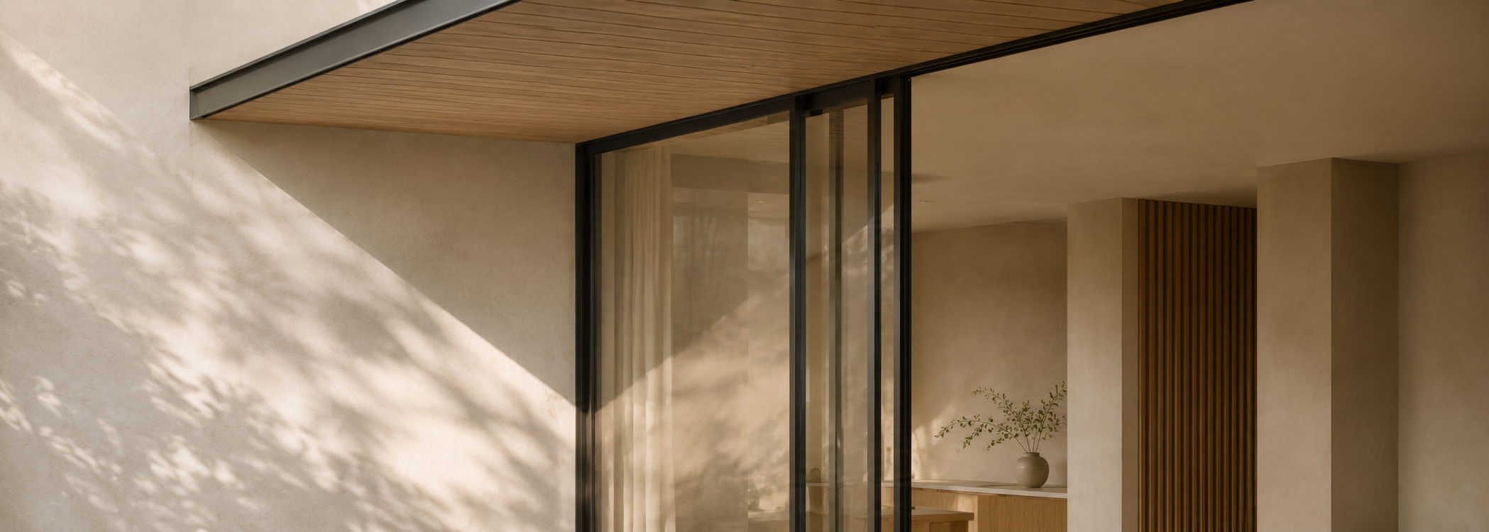 Architectural detail of shaded glazing and timber battens designed for passive solar control.