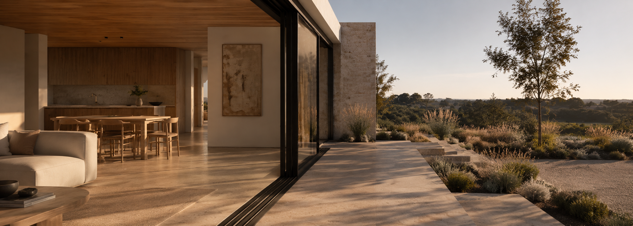 Warm Australian living space opening to a dry native garden with soft daylight and shaded glazing.